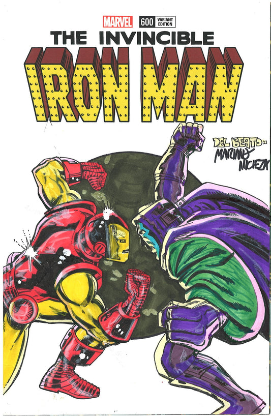 INVINCIBLE IRON MAN #600 SIGNED WITH IRON MAN VS KANG COVER SKETCH BY JOE DELBEATO AND MARIANO NICIEZA